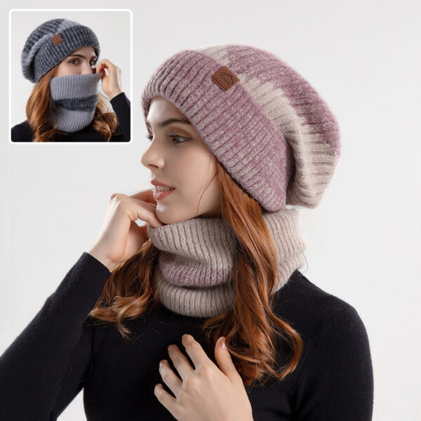 2pcs Knitted Hat Suit With Scarf Winter Two-color Hat And Thick Warm Earflaps Wool Scarf