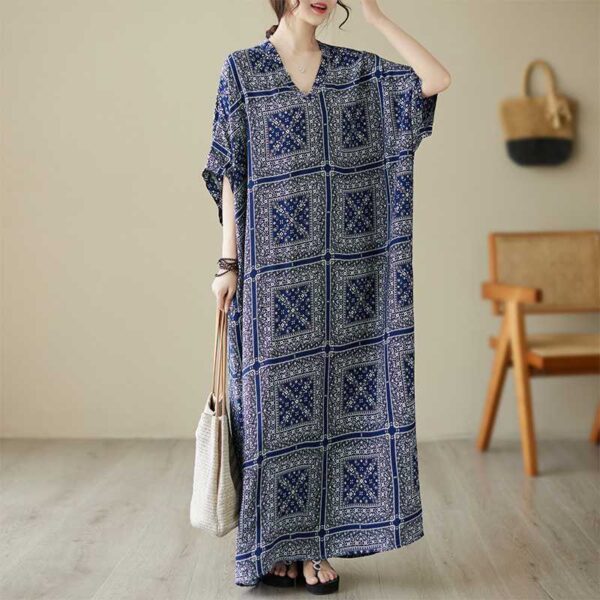 Floral Vacation Style Travel V-neck Retro Flab Hiding Cotton Linen Dress - Image 5