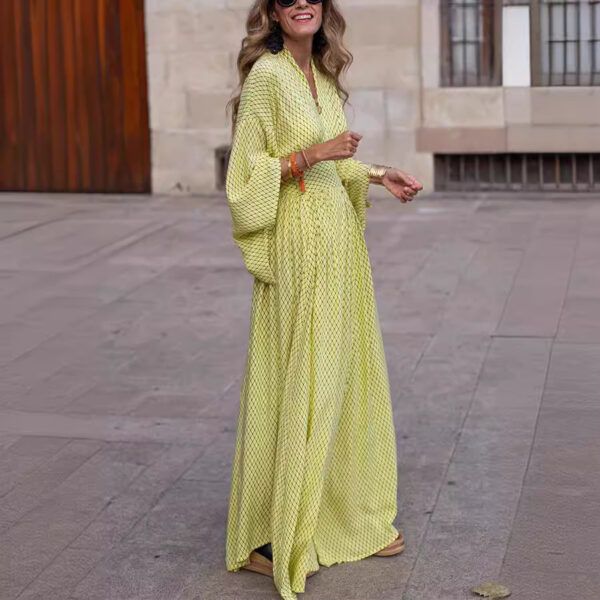 V-neck Bat-sleeved Long Dress Fashion Loose Waist-tighted Long Sleeve Dresses For Womens Clothing - Image 7